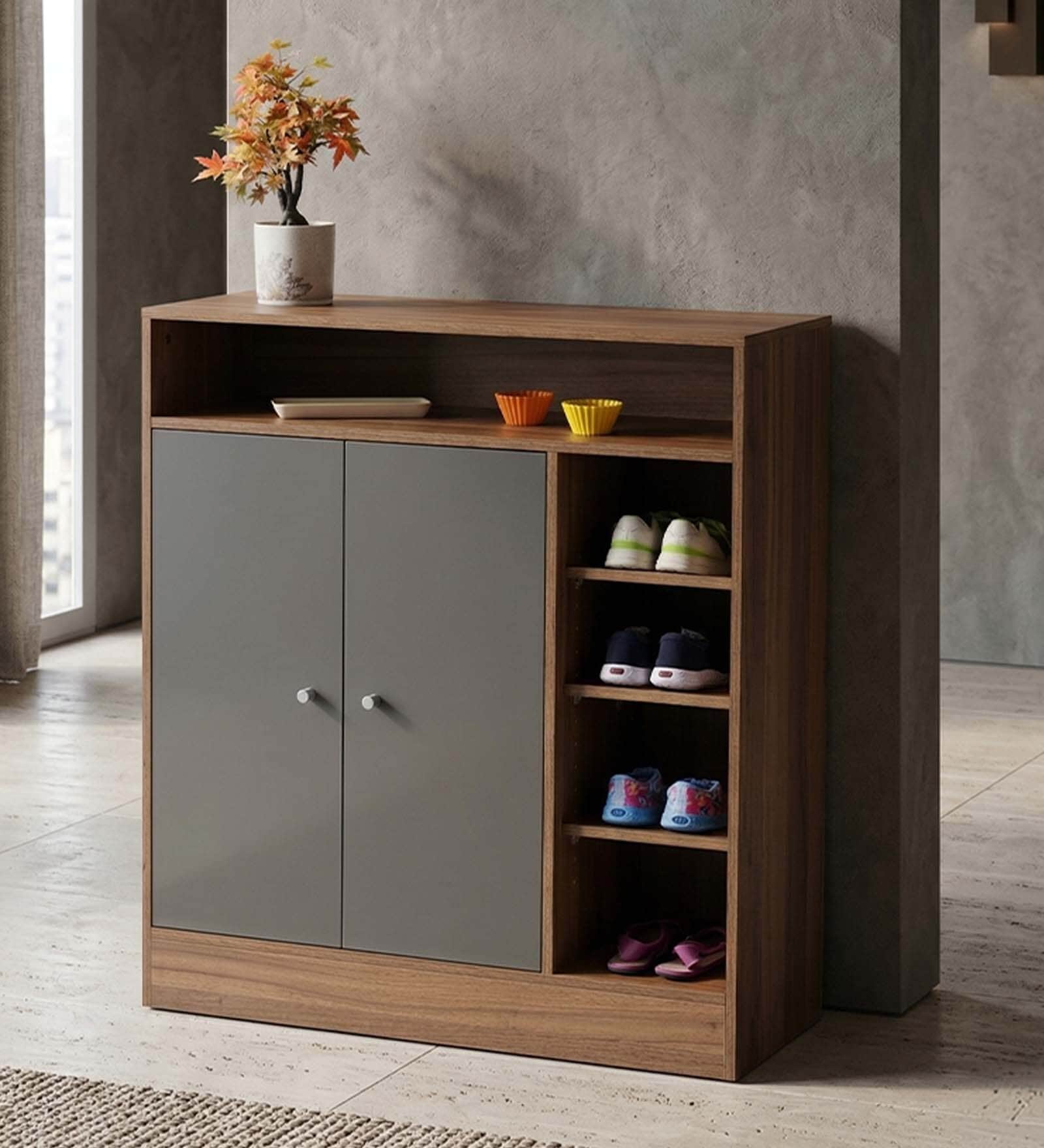 Lara 2 Door Shoe Rack In Walnut Brown Finish