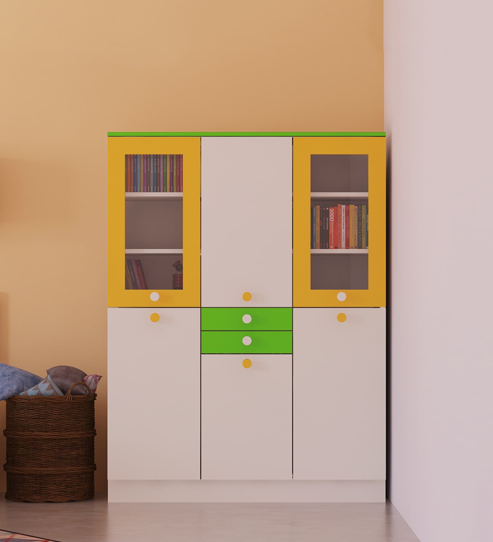 Lara Kids 3 Door Wardrobe with 2 Drawers & Glass Shutters in Mango Yellow & Green Colour