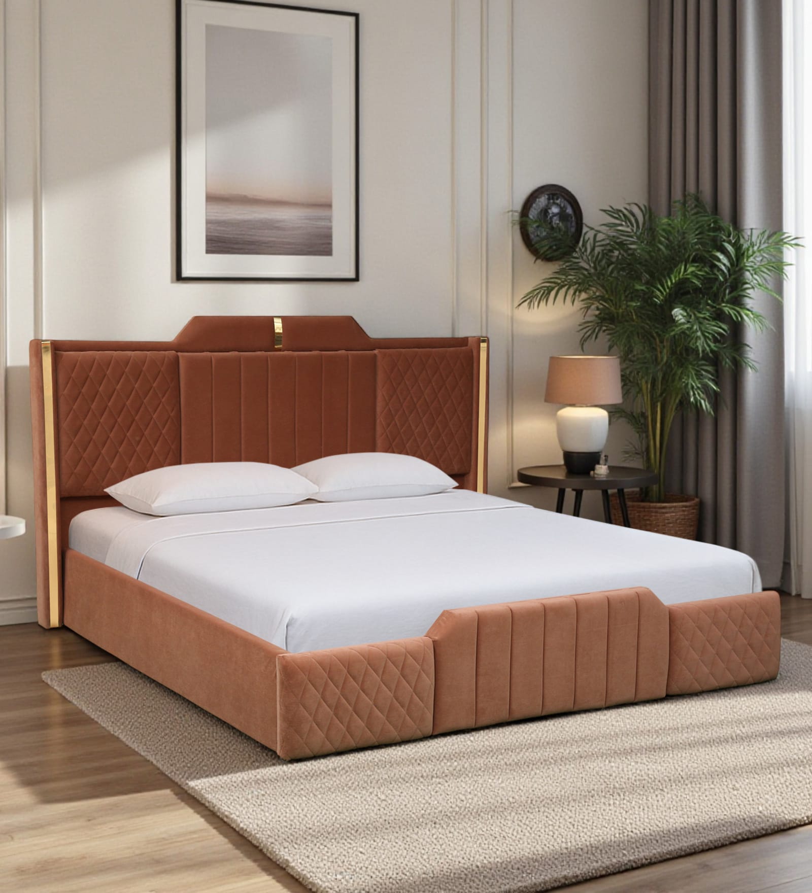Larayne Velvet Upholstered King Size Bed In Light Brown color With Box Storage