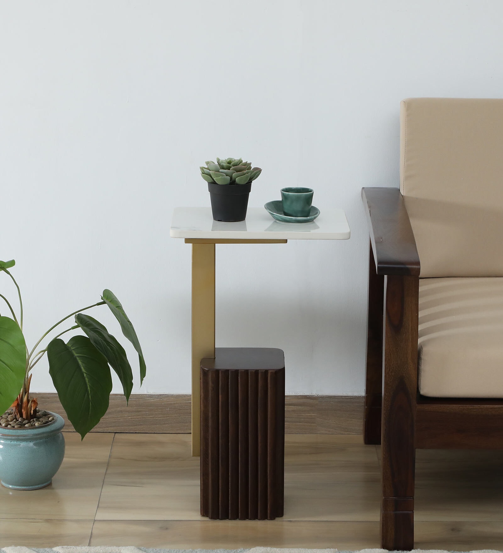 Larena Solid Wood End Table In White Colour & Walnut Finish With Porcelain Top
