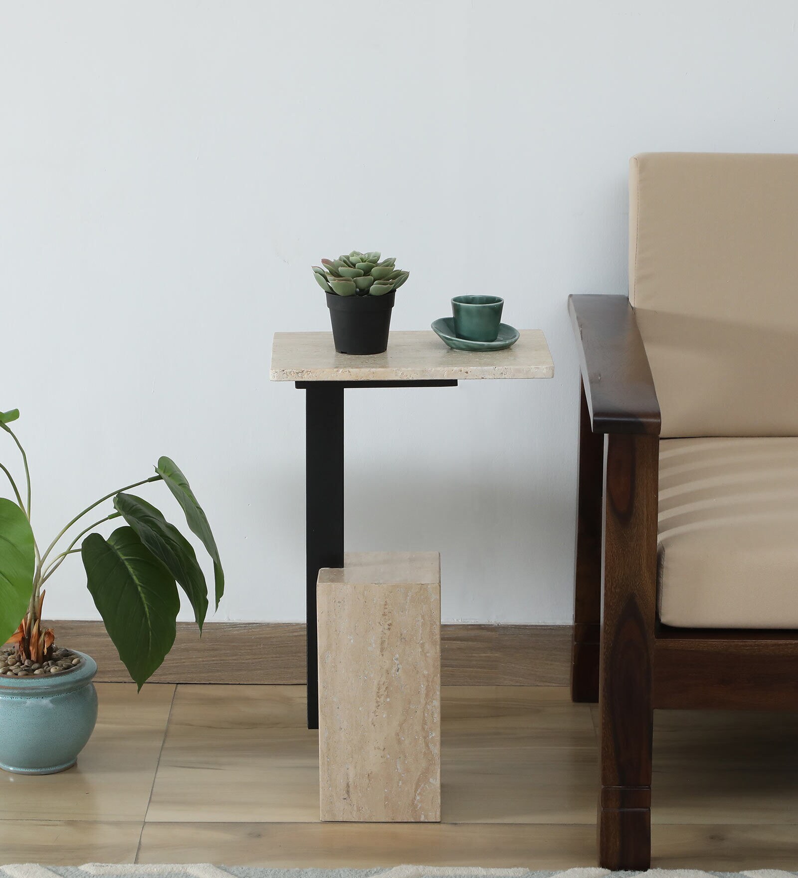Larena Travertine Marble Top End Table In Beach Colour