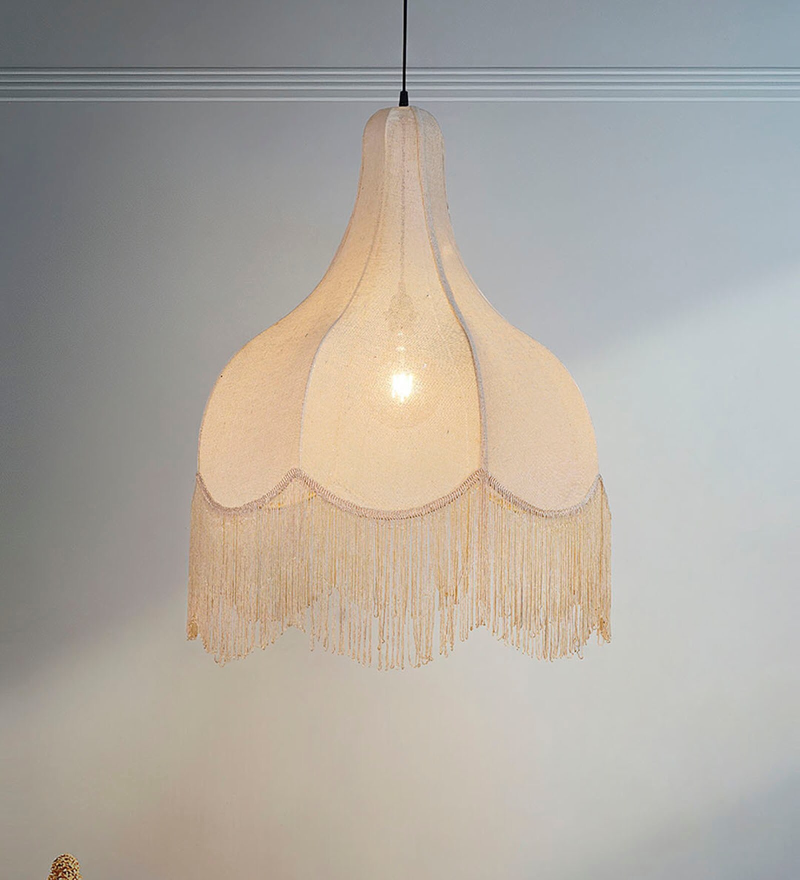 Large Beige Bell Scalloped Pendant Light with Tassels