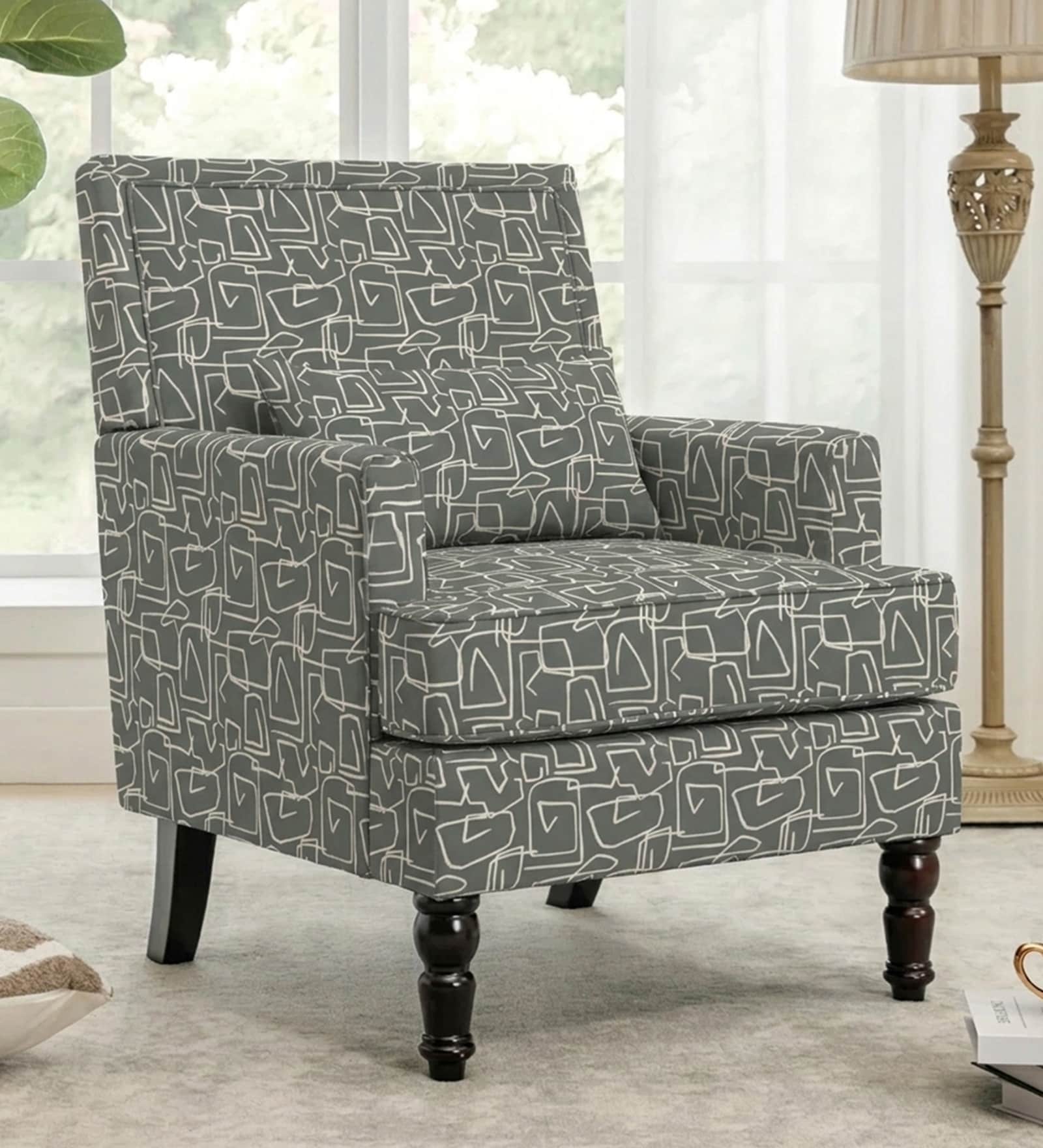 Lark Walnut Finish Printed Canvas Geometry Arm Chair In Green Colour Lark Walnut Finish Printed Canvas Geometry Arm Chair In Green Colour