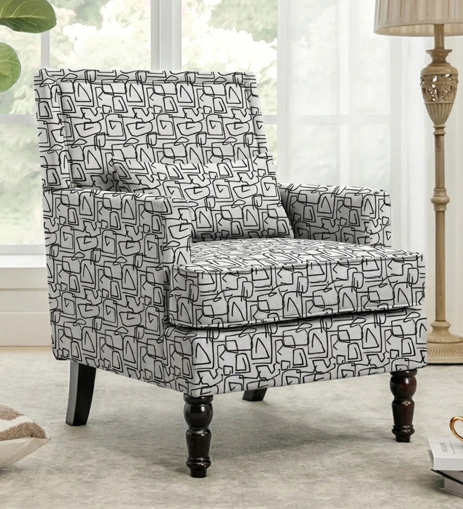 Lark Walnut Finish Printed Canvas Geometry  Arm Chair In White Colour