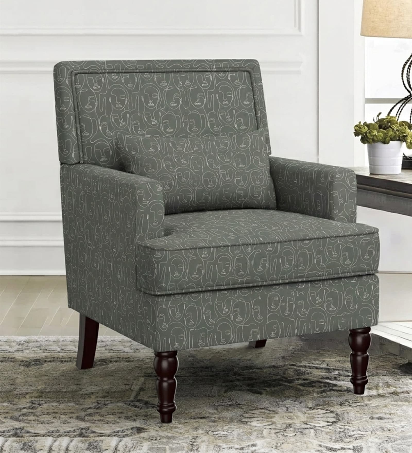 Lark Walnut Finish Printed Human Canvas Arm Chair In Green Colour Lark Walnut Finish Printed Human Canvas Arm Chair In Green Colour