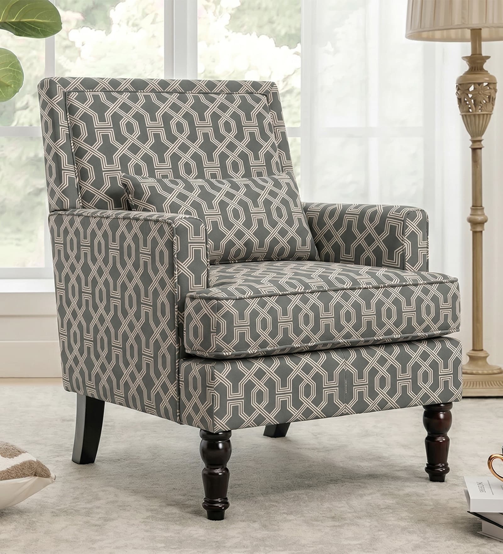 Lark Walnut Finish Printed Infinity Grid Arm Chair In Green Colour Lark Walnut Finish Printed Infinity Grid Arm Chair In Green Colour
