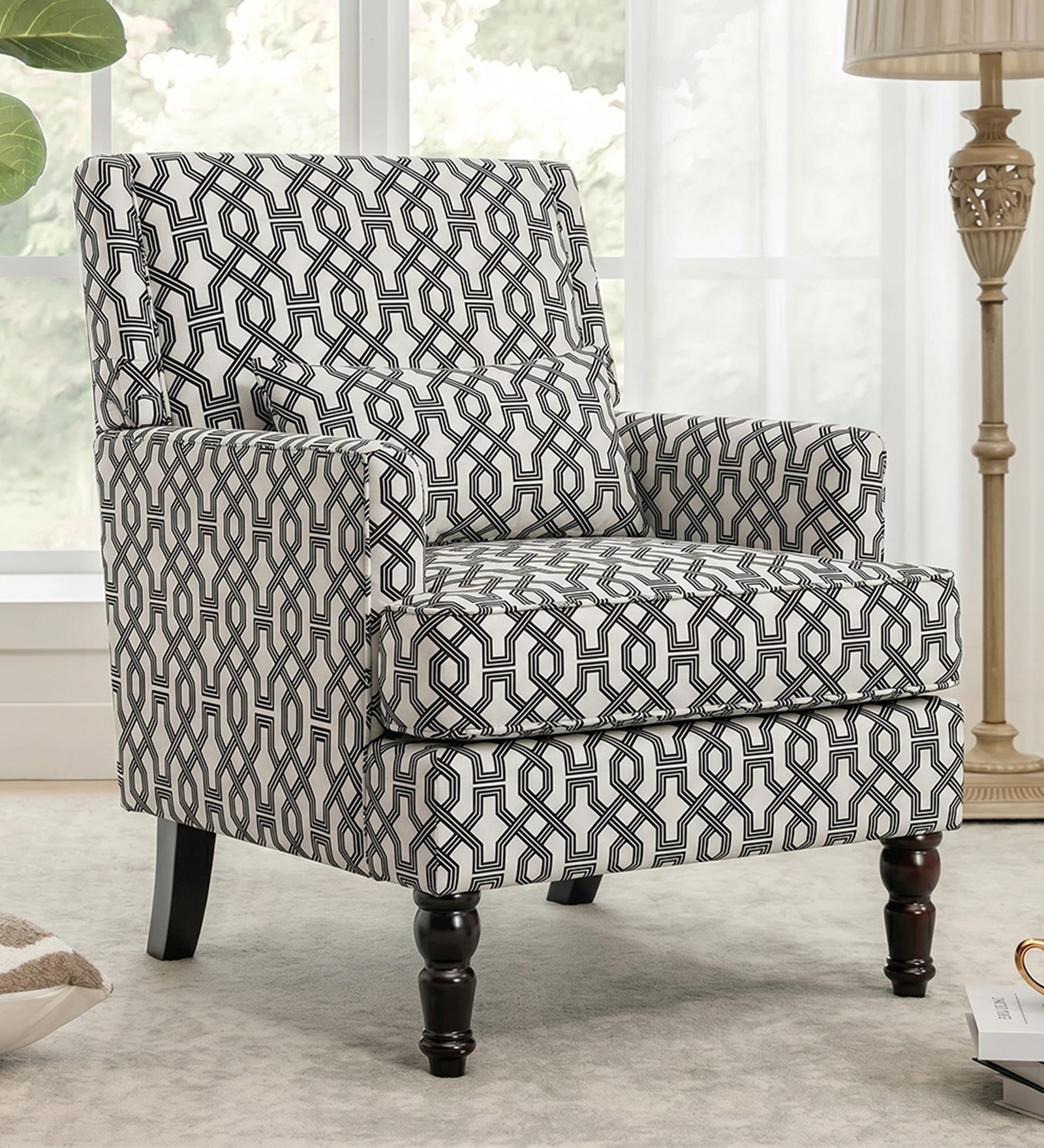 Lark Walnut Finish Printed Infinity Grid Arm Chair In White Colour Lark Walnut Finish Printed Infinity Grid Arm Chair In White Colour