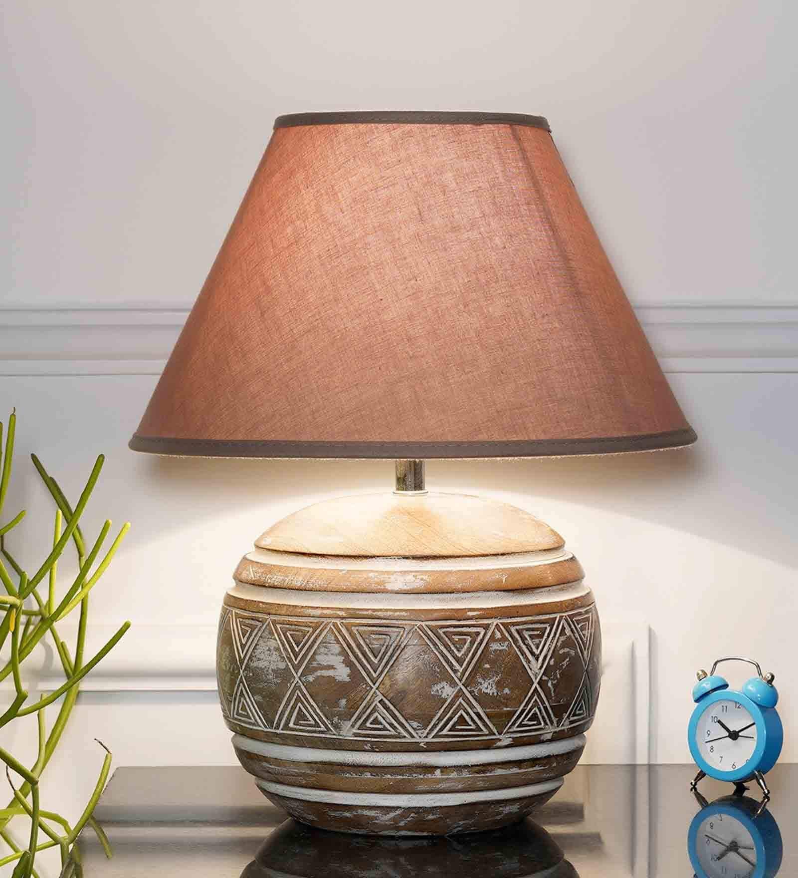 Larley Beige Cottan Fabric Shade Night Lamp With Wood Base