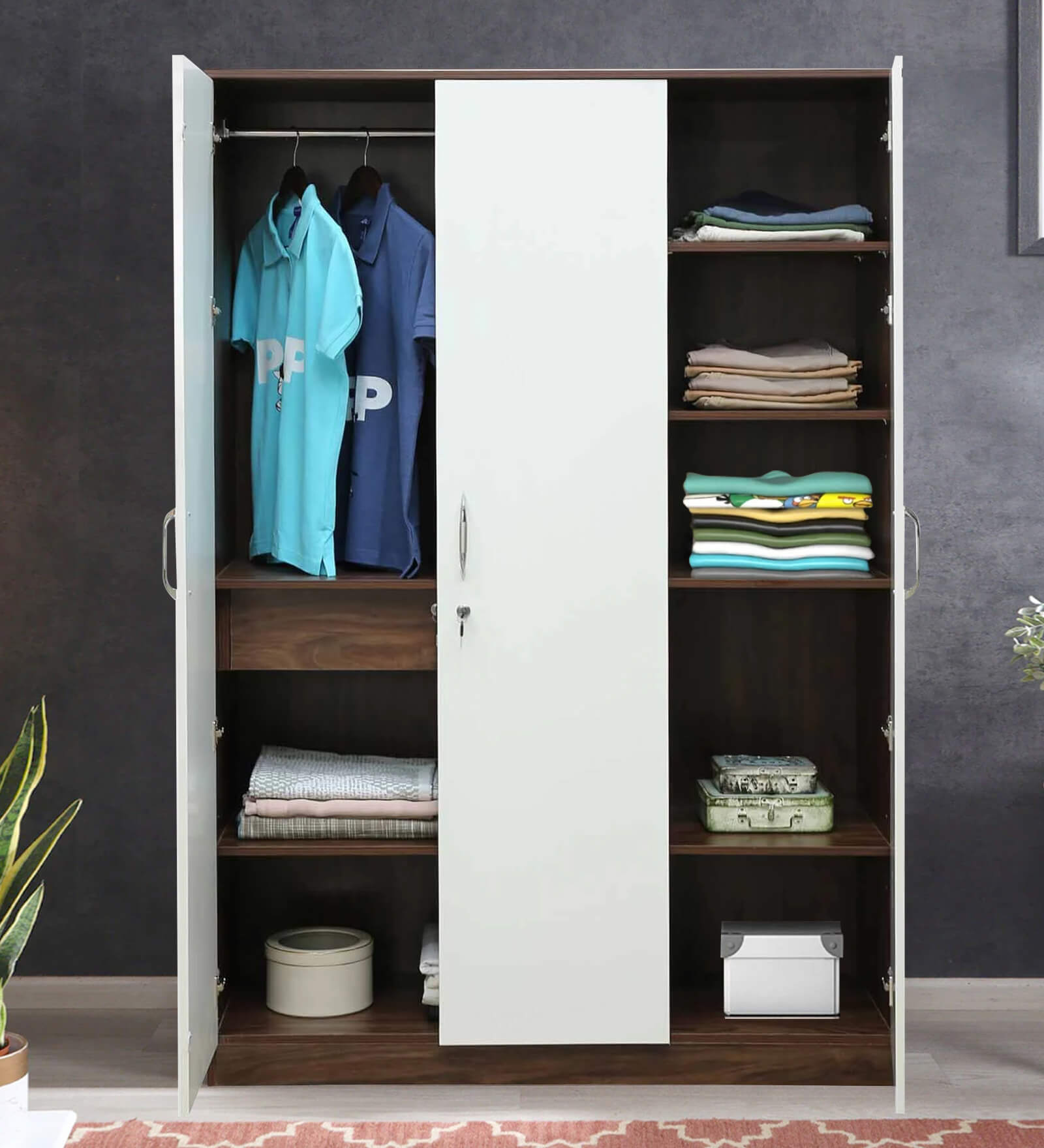 Larry 3 Door Wardrobe In High Gloss White And Walnut Finish With Drawer