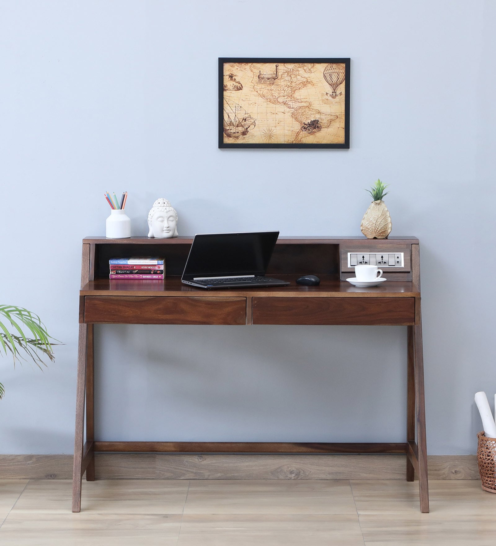 Larvik Sheesham Wood Writing Table with Switch Board in Provincial Teak Finish Larvik Sheesham Wood Writing Table with Switch Board in Provincial Teak Finish