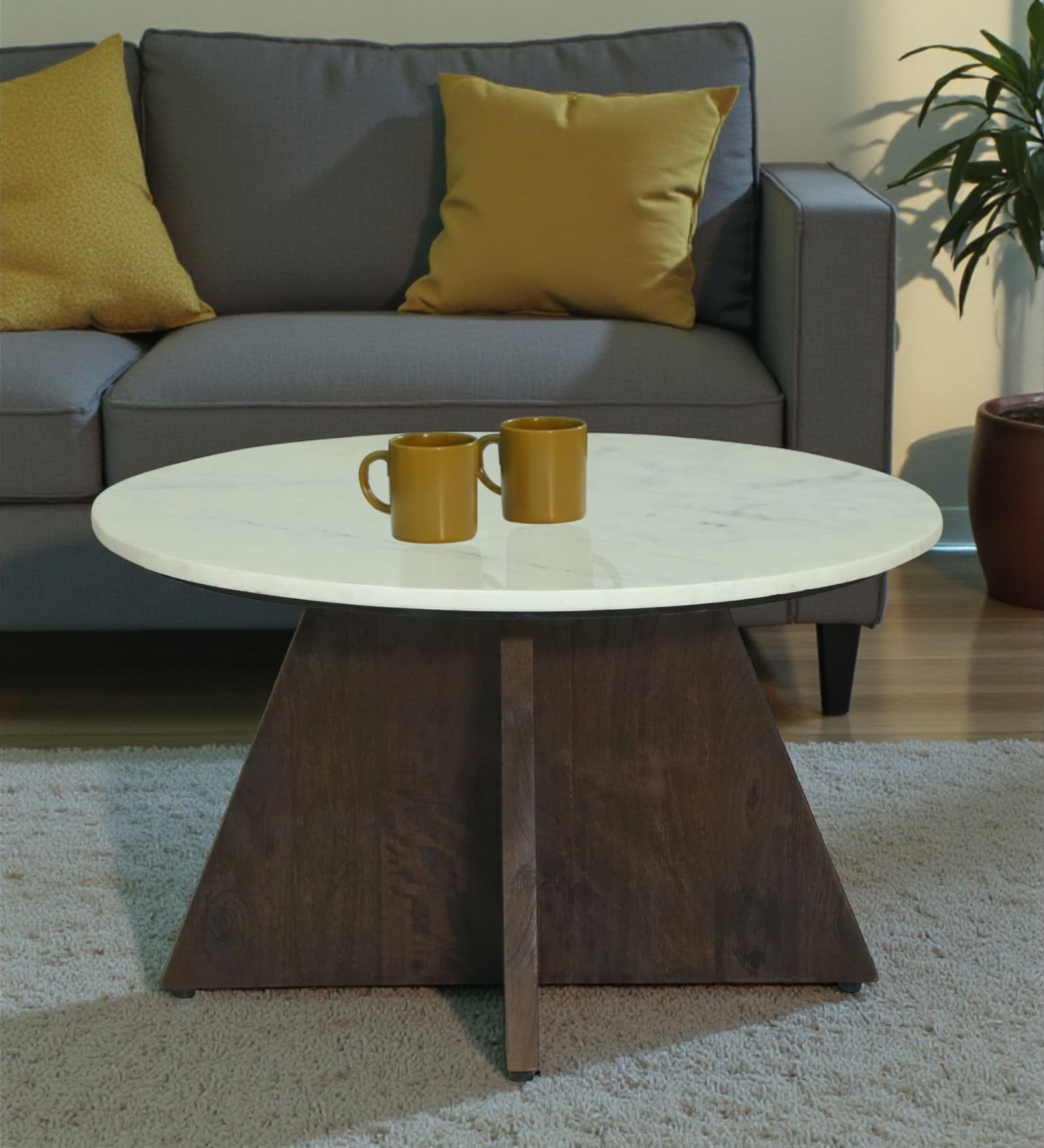 Larvotto Mango Wood Coffee Table With White Marble Top In Dark Walnut Finish