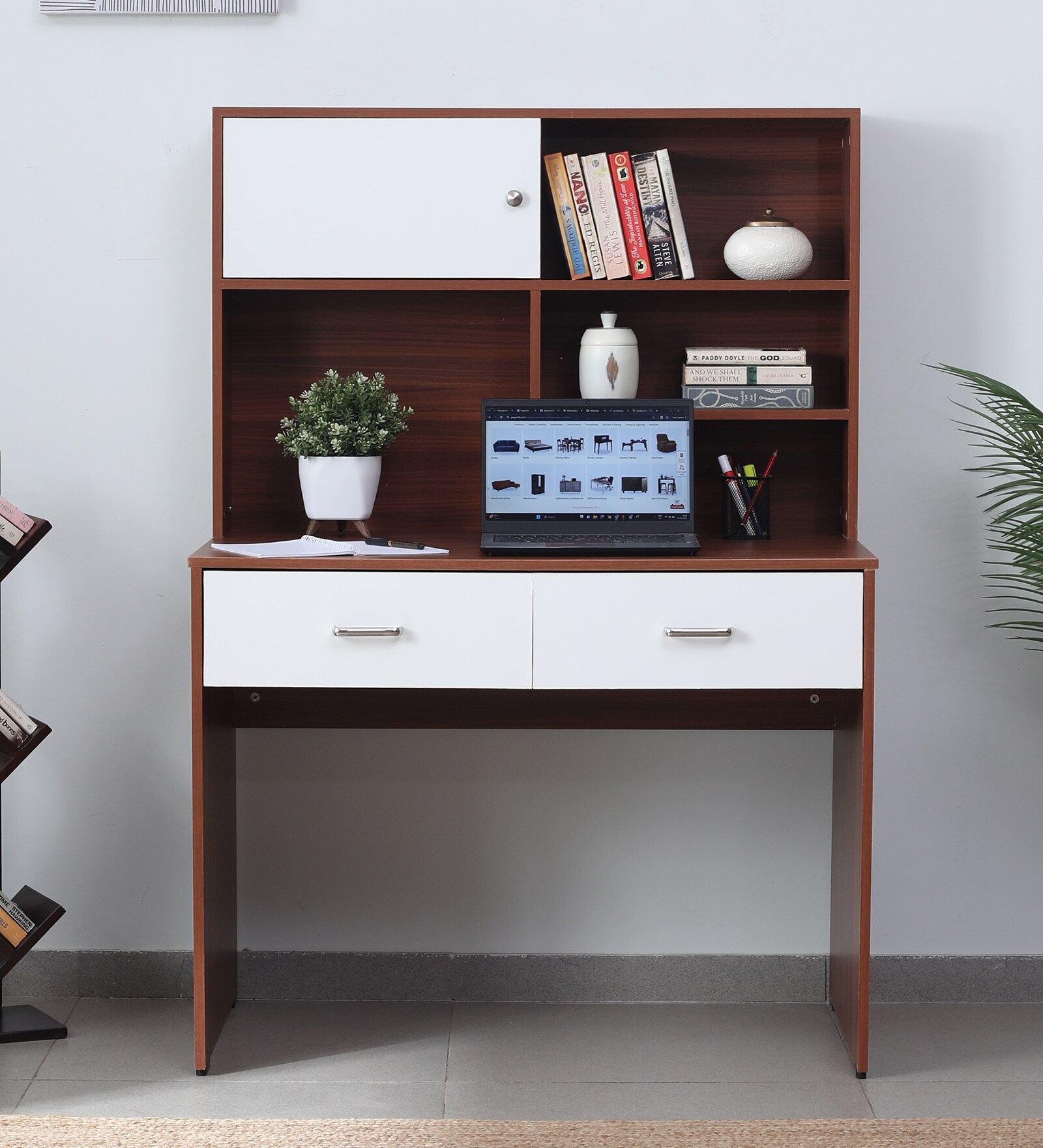 Latina Hutch Desk in Walnut & White Finish