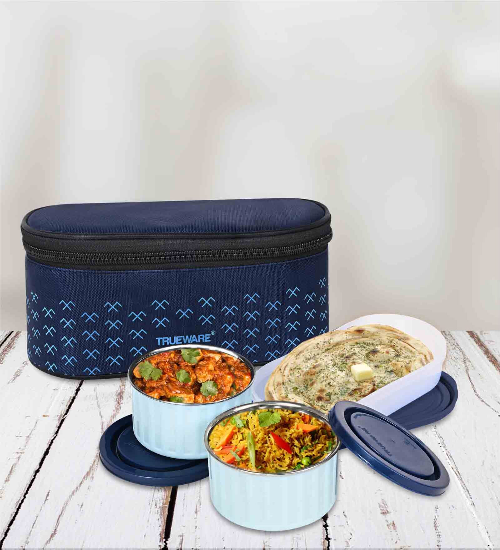 Lattice Blue Plastic & Steel 3Pcs Microwave safe Lunch Box