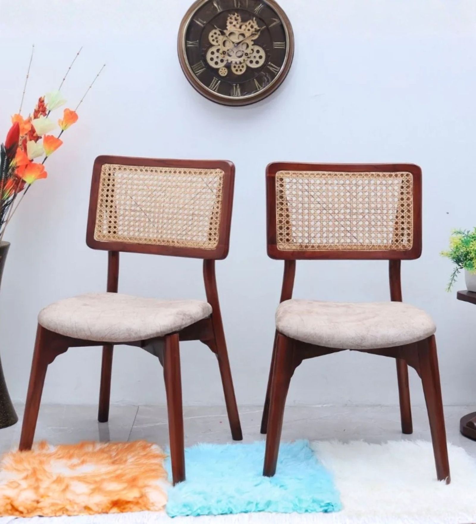 Lattice Teak Wood Dining Chair In Brown Beige Finish