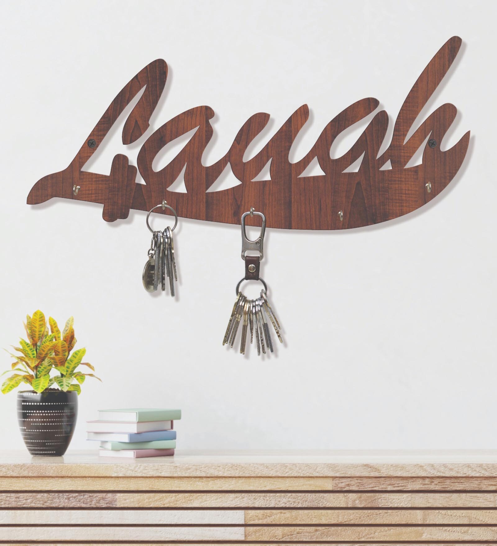 Buy Laugh Walnut Finish Mdf Wall Hanging With 5 Hooks Key Holder at 2
