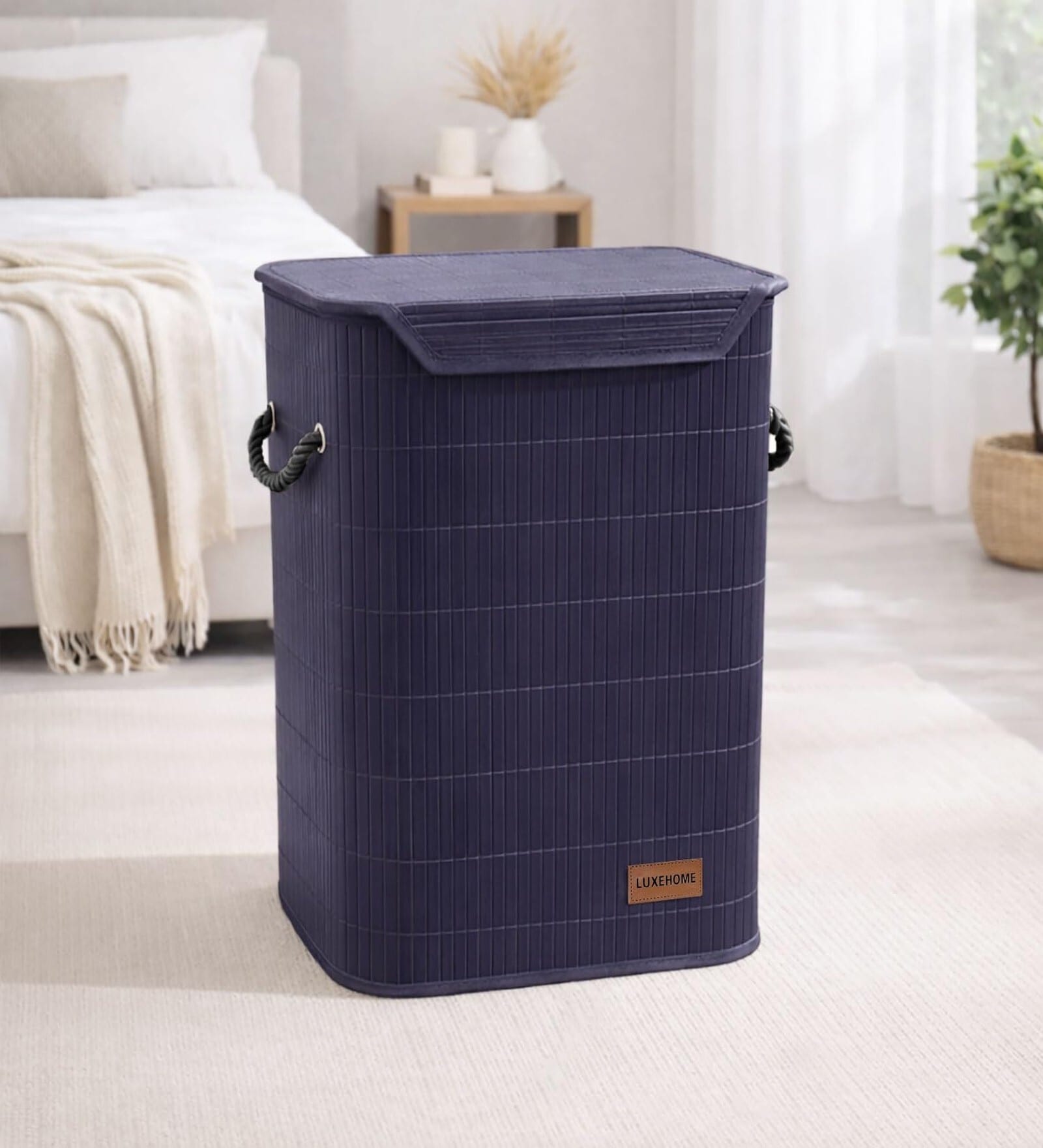Navy Bamboo Laundry Basket with Lid