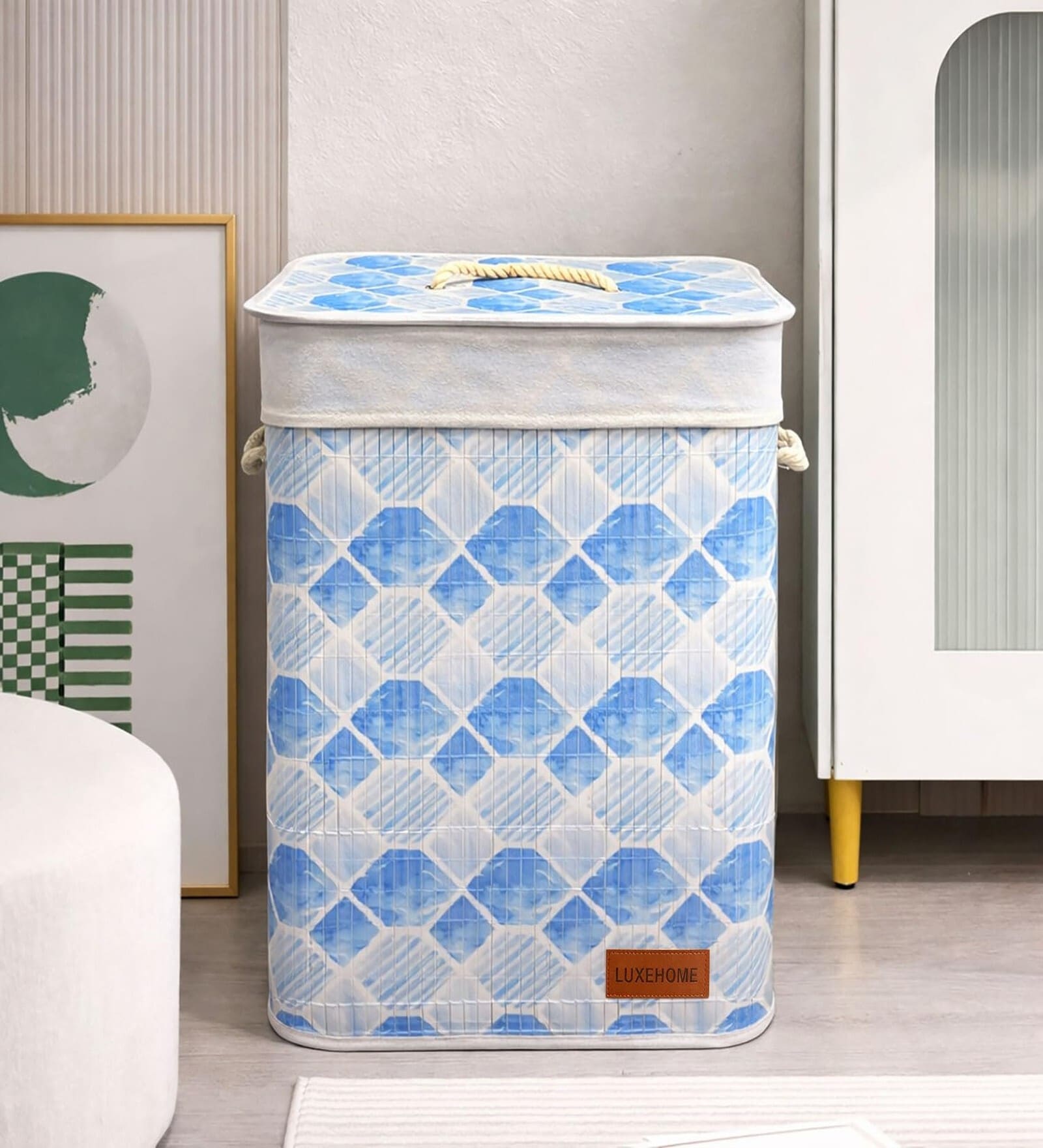 Blue Geometric Printed Bamboo Laundry Basket with Lid