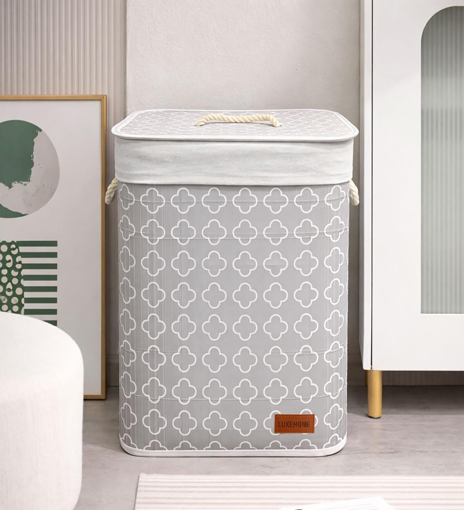 Cream Quatrefoil Printed Bamboo Laundry Basket with Lid