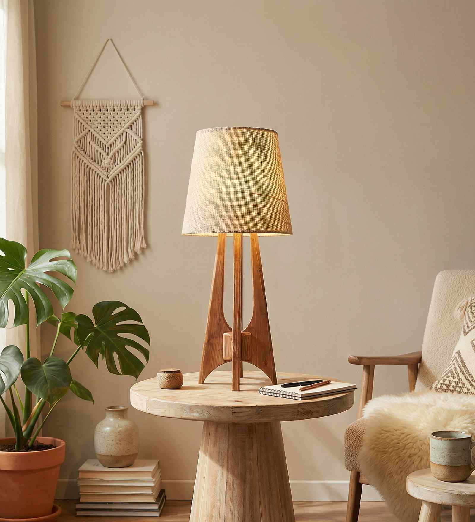 Laurent Brown Wooden Table Lamp with White Jute Lampshade