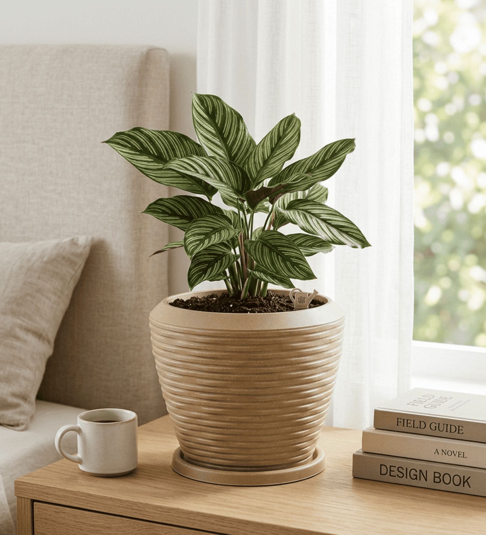 LAVA Beige 12 Inch German Polymer Round Plant Container With Saucer