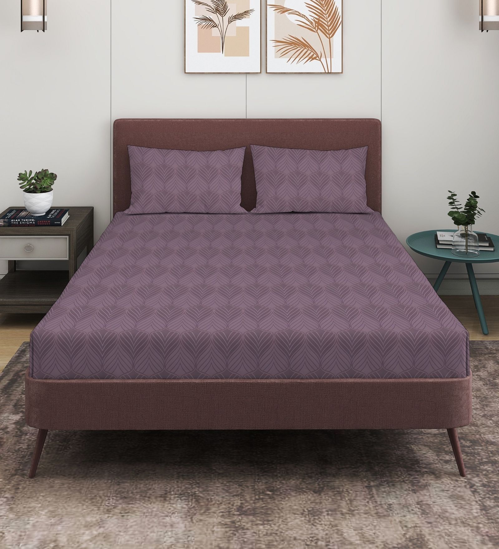 Lavender 280 TC Glace Cotton Fitted Bedsheet With Embossed Leaf Pattern