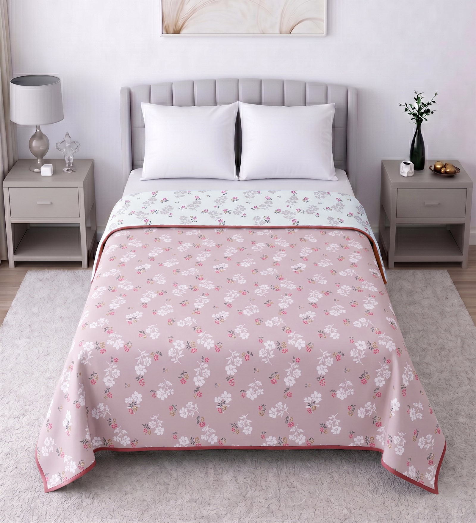 Pink Cotton Floral 300 GSM Double Bed Reversible Dohar