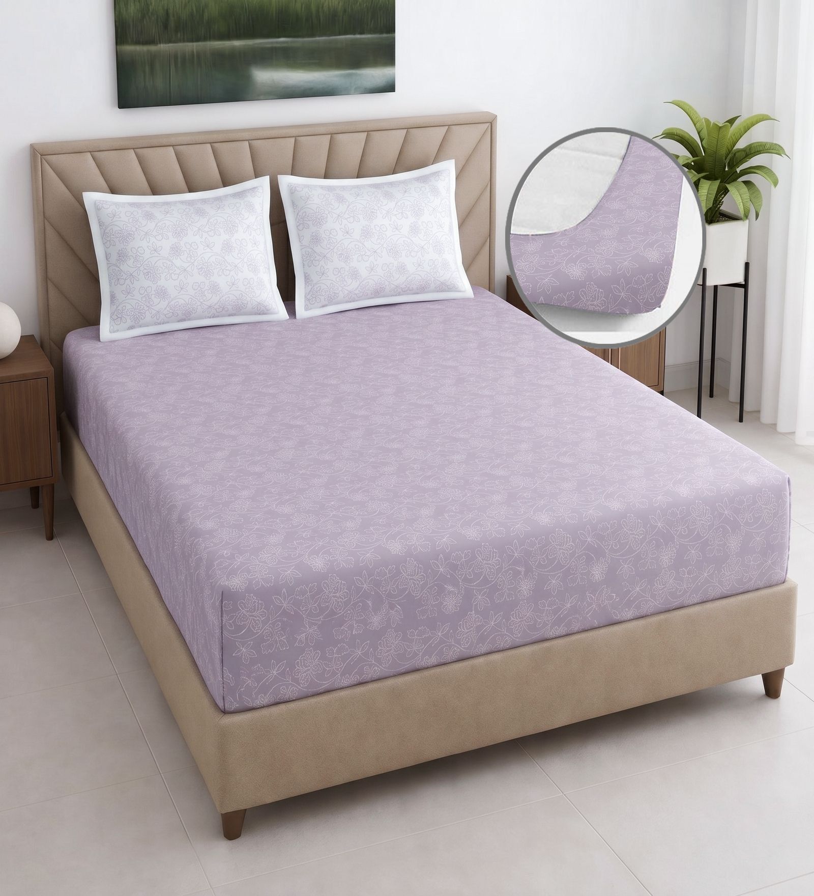 Lavender Floral 400 TC Cotton Queen Size Fitted Bedsheet With 2 Pillow Covers