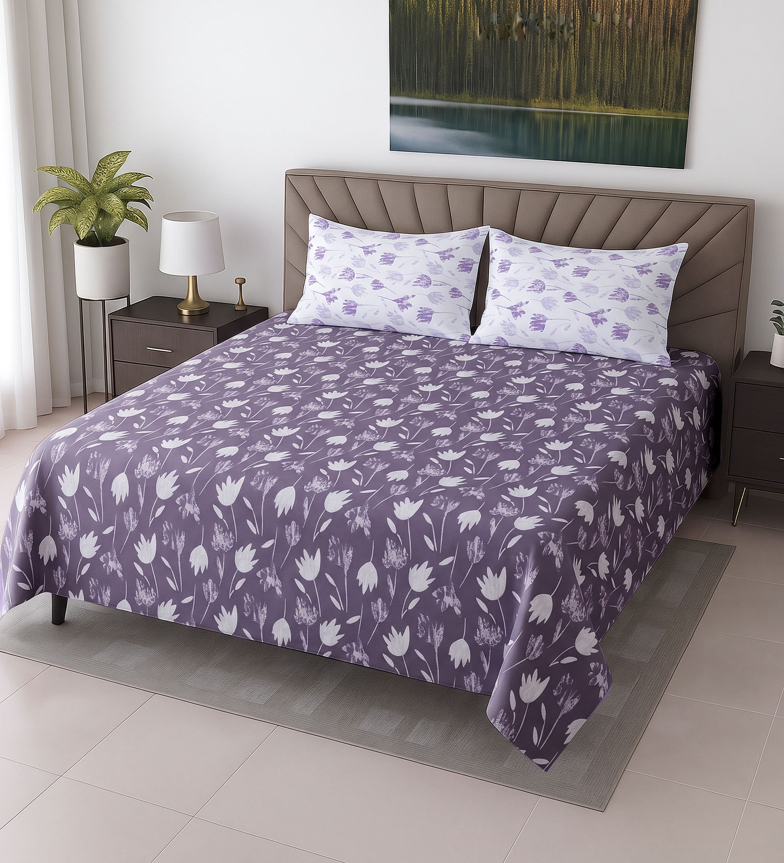 Lavender Floral 400 TC Cotton Super King Bedsheet with 2 Pillow Covers Luxury Series Collection