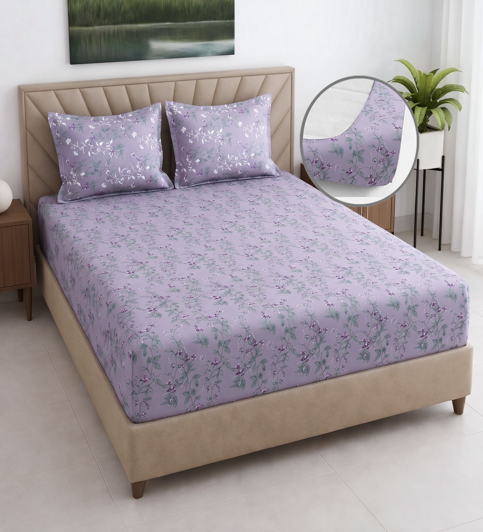 Lavender Floral 400 TC Cotton Superking Size Fitted Bedsheet With 2 Pillow Covers