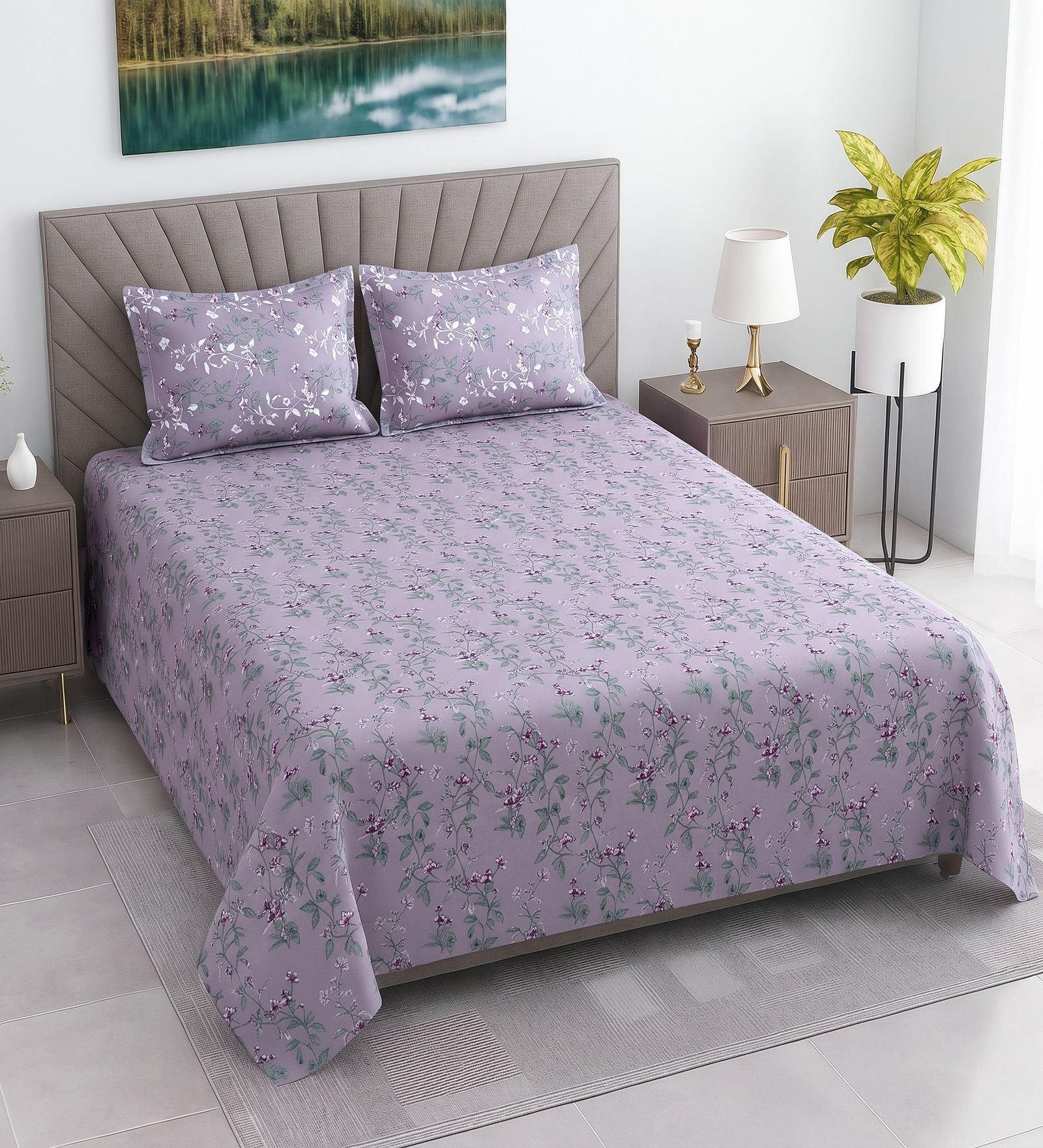 Lavender Floral 400 TC Cotton Superking Size Flat Bedsheet With 2 Pillow Covers