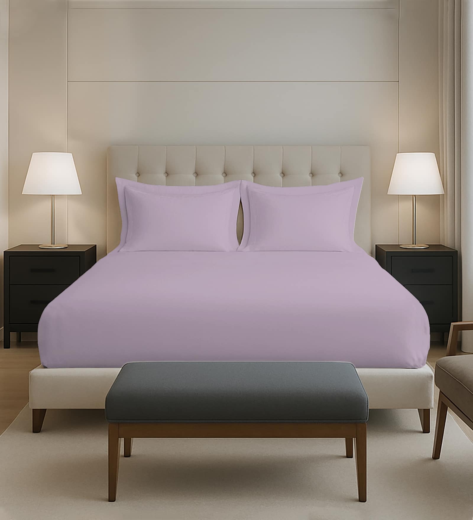 Lavender Frost Solid 400 TC Cotton Queen Sized Fitted sheet with 2 Pillow Covers