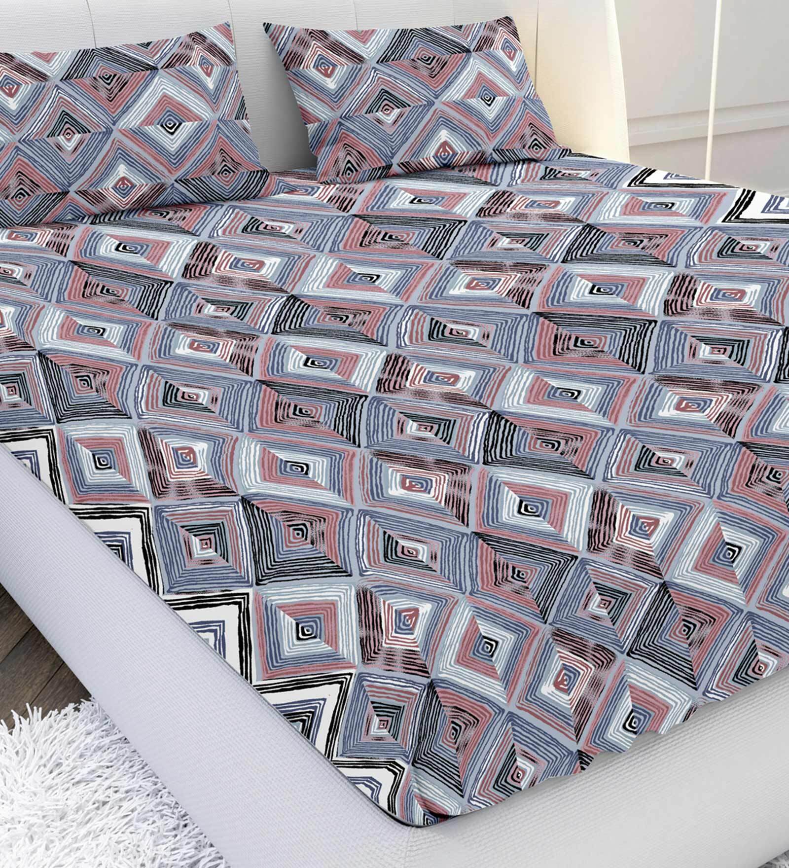 Lavender Geometric 210 TC Cotton Satin King Bedsheet with 2 Pillow Covers Artonic Collection
