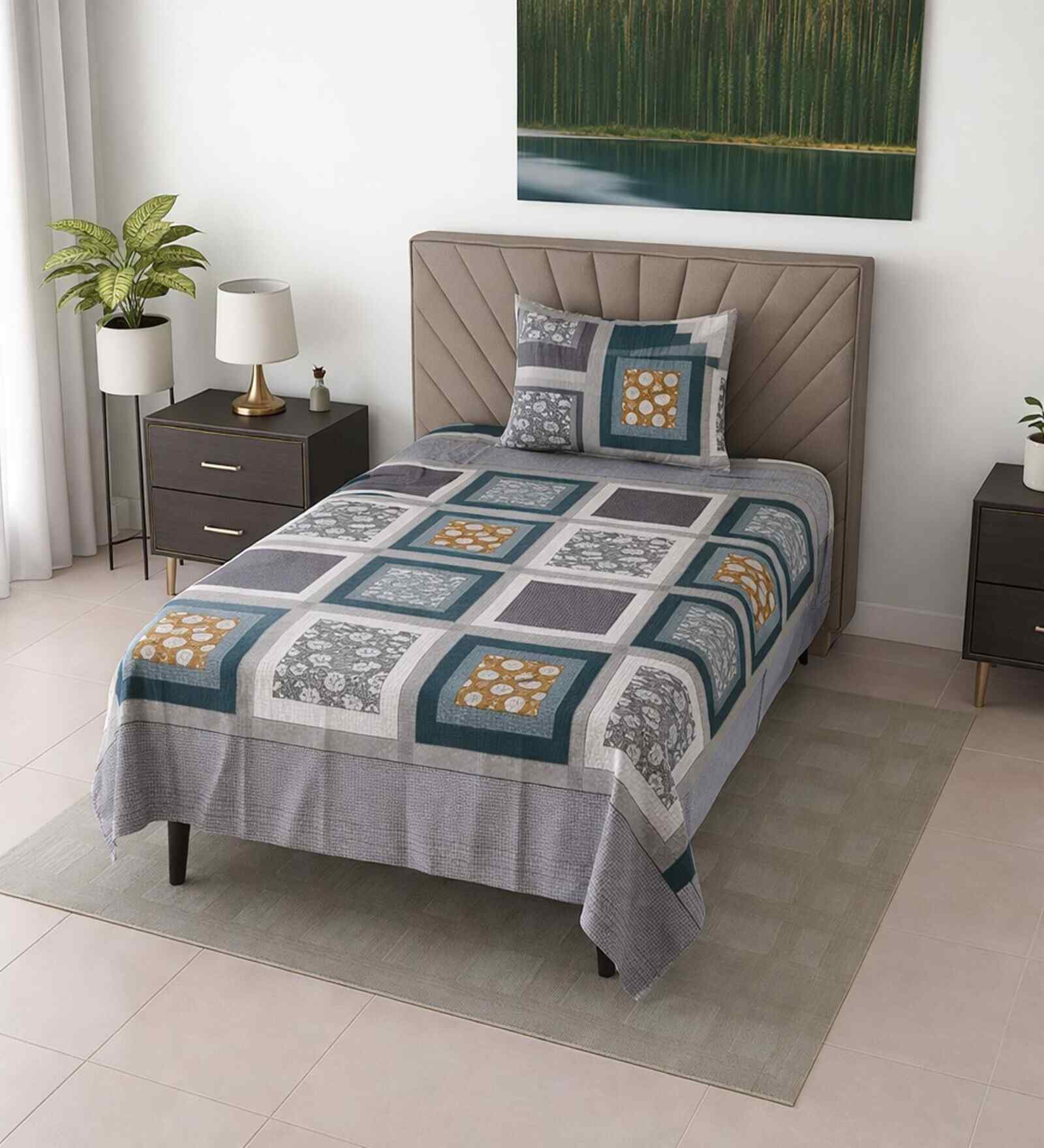 Lavender Geometric 290 Tc Cotton Single Bedsheet With 1 Pillow Cover