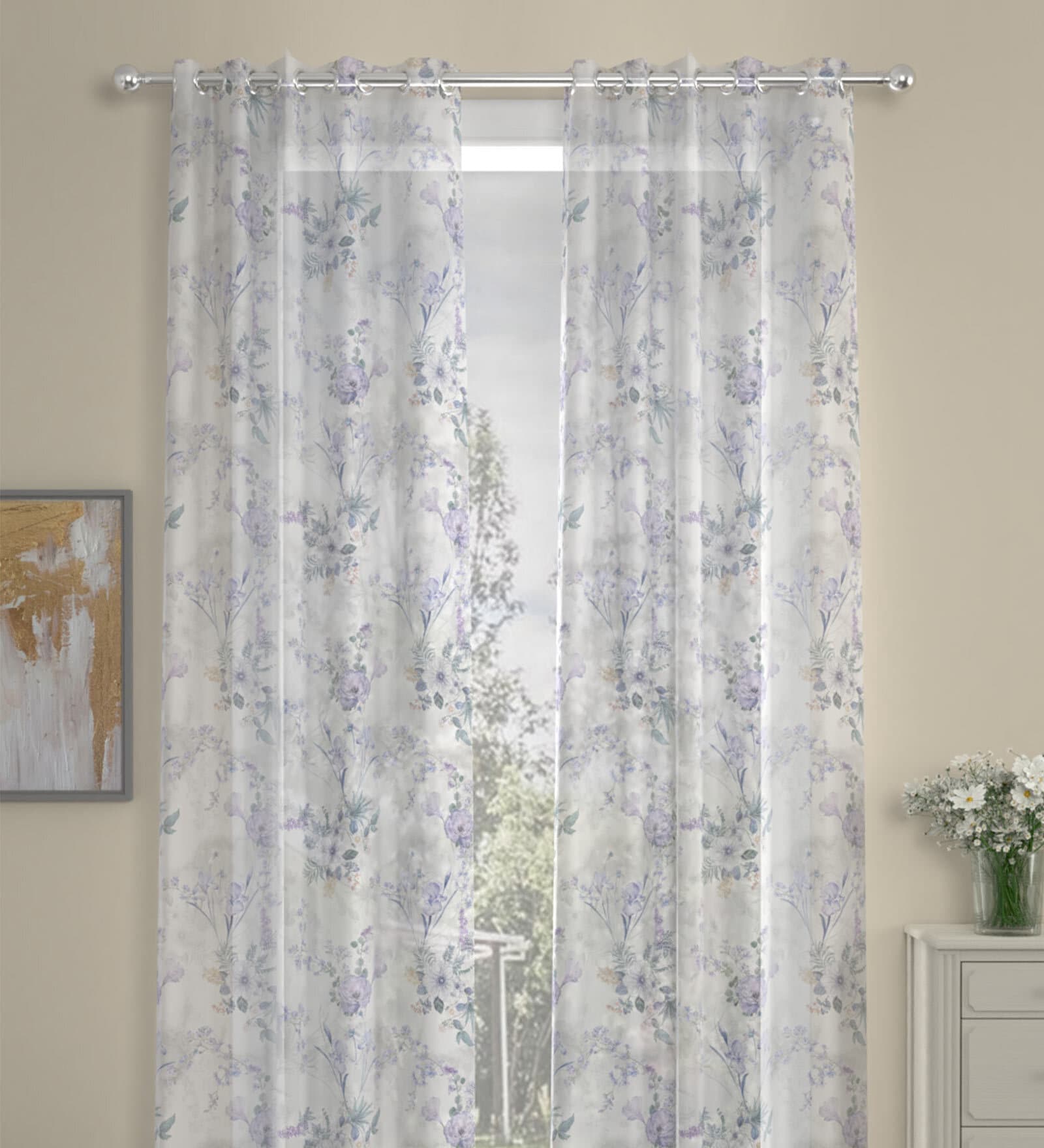 White Polyester Floral 7 Ft Sheer Eyelet 2 Door Curtains