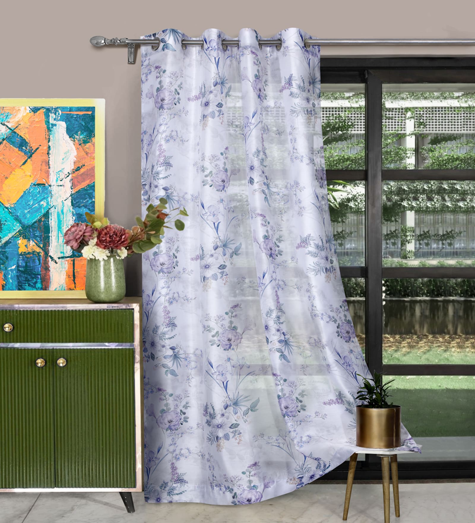 Lavender Polyester Floral 7ft Sheer Eyelet Door Curtain