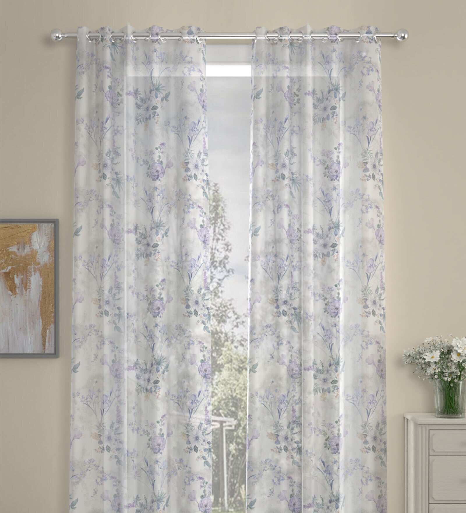 Lavender Floral Polyester 9 Ft Sheer Eyelet Door Curtains (Set of 2)