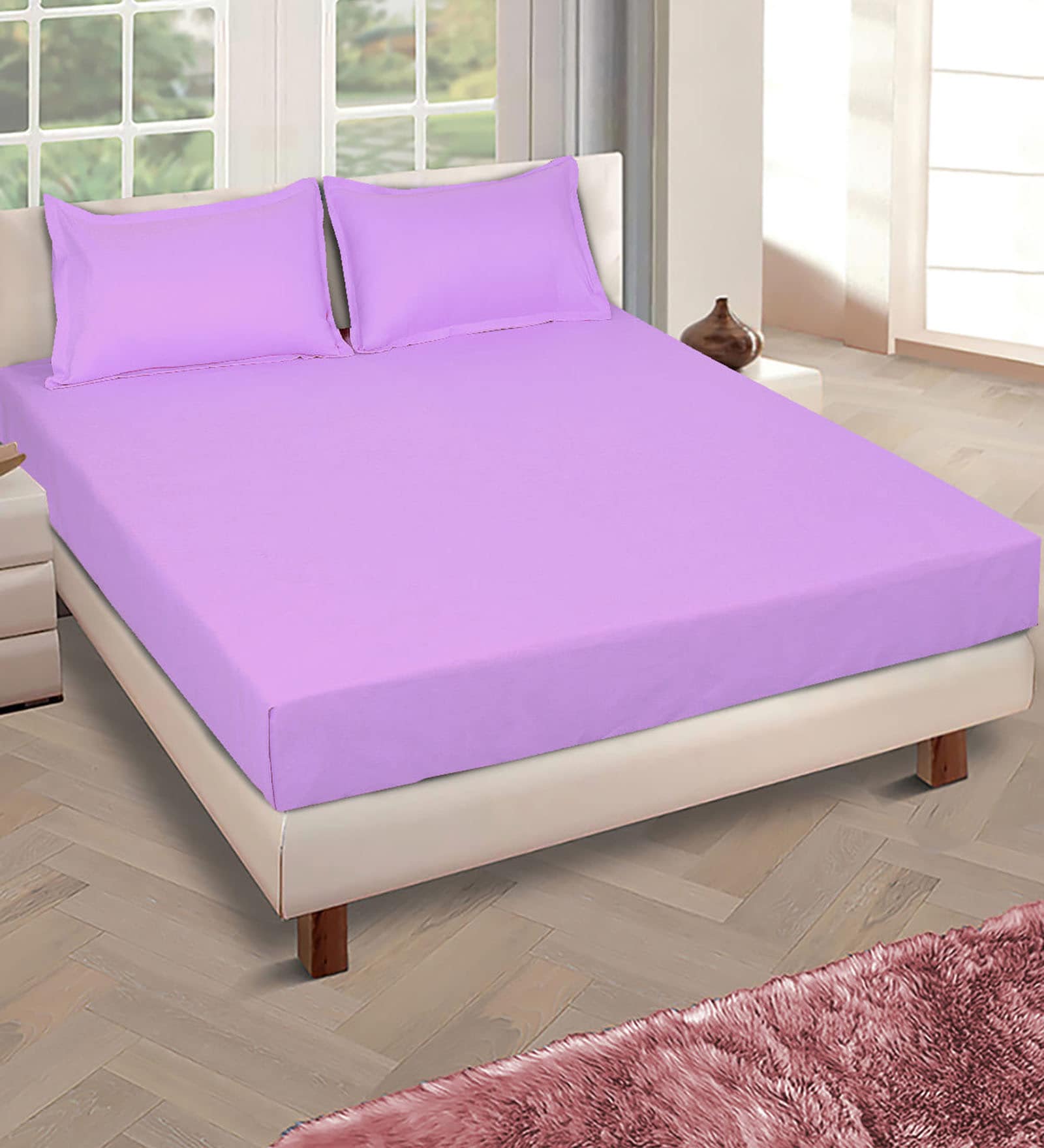 Lavender Solid 150 TC Glace Cotton Queen Sized Double Bedsheet with 2 Pillow Covers