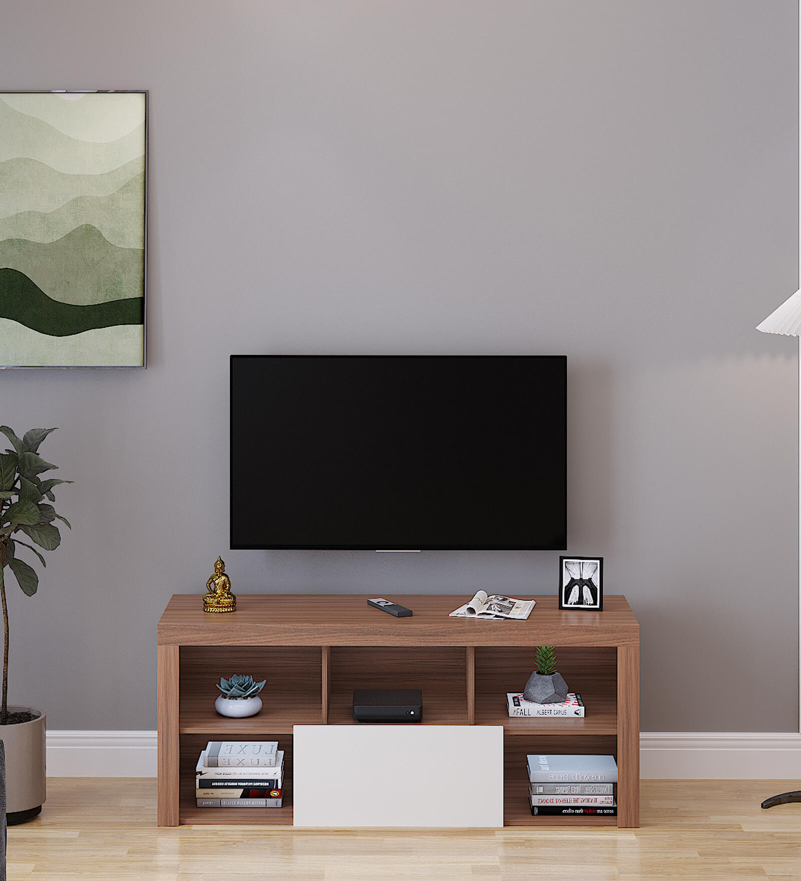 Lavish Tv Console In Exotic Teak & Frosty White Finish