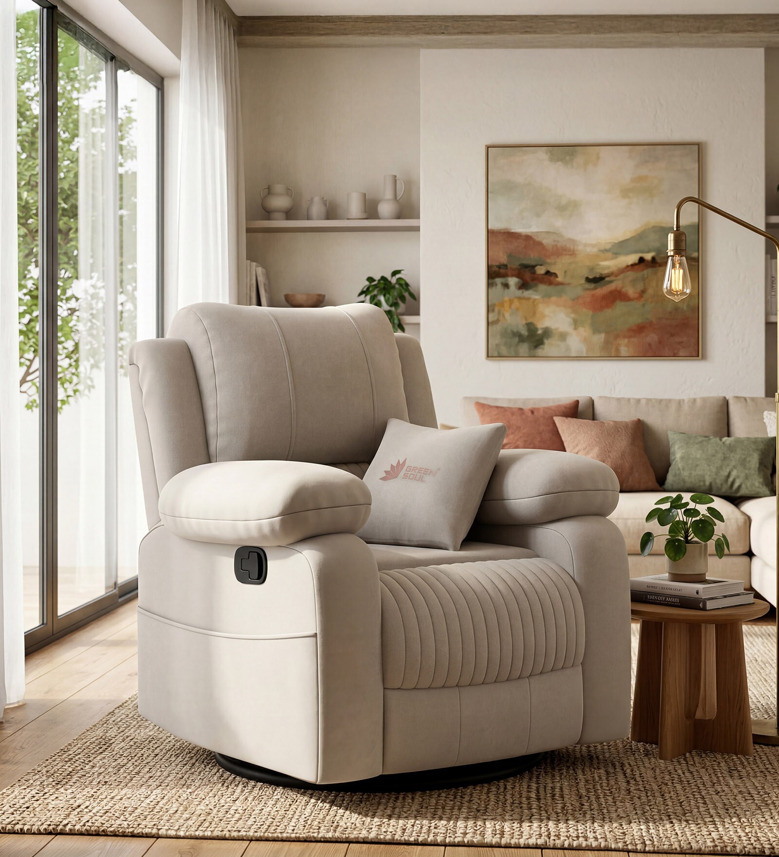 Laze 2.0 1 Seater Manual Recliner Sofa In Suede Fabric Beige Color
