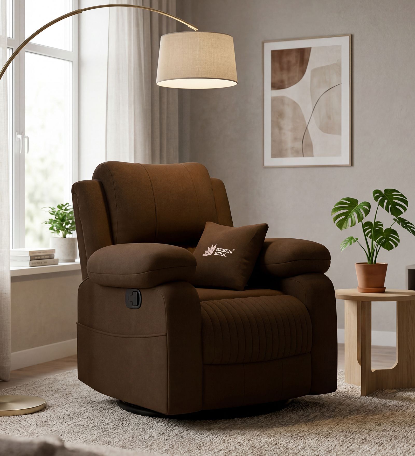 Laze 2.0 1 Seater Manual Recliner Sofa In Suede Fabric Brown Color