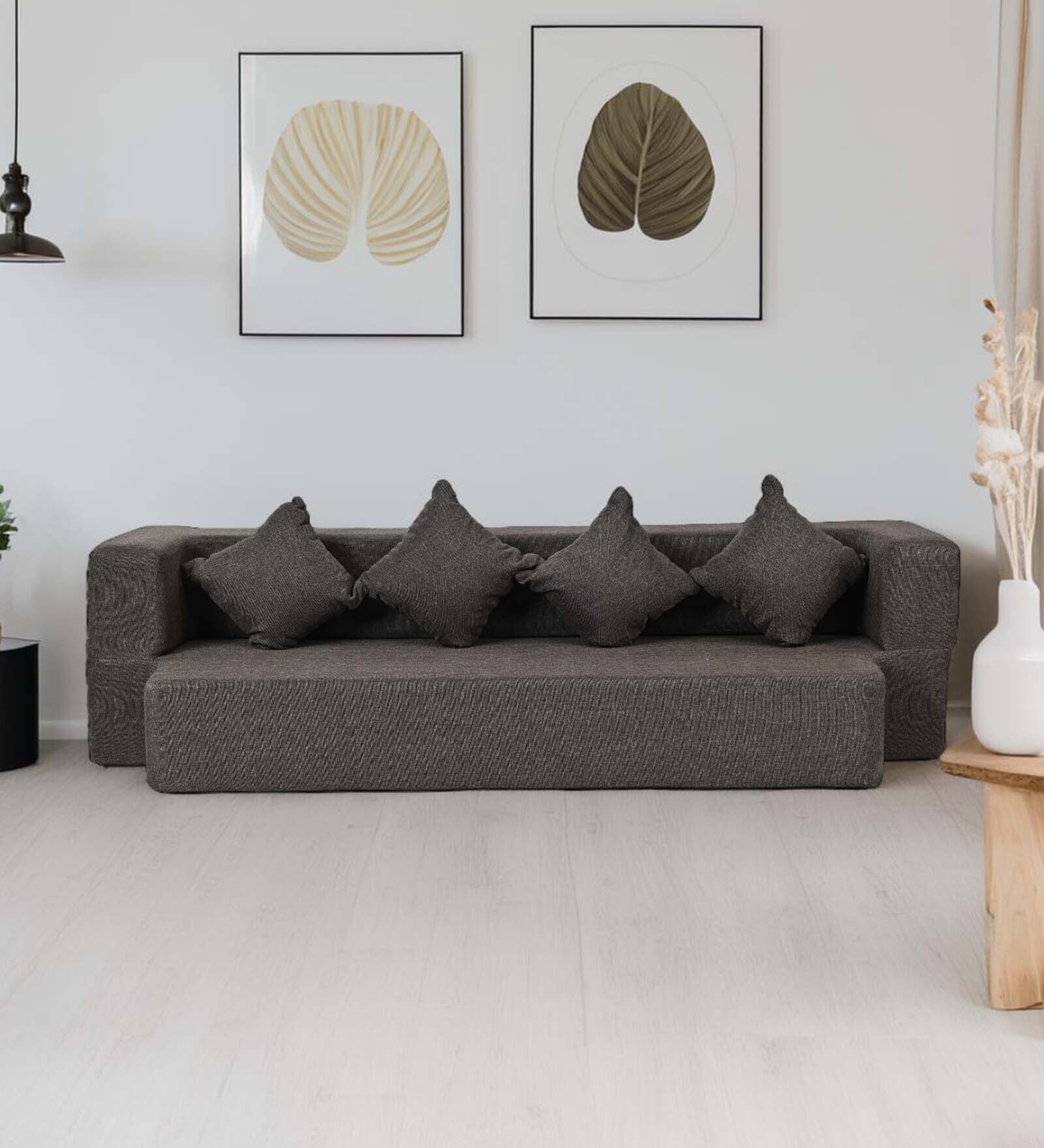 Laze Jute Fabric 4 Seater Sofa Cum Bed with 4 Cushions in Brown Colour Laze Jute Fabric 4 Seater Sofa Cum Bed with 4 Cushions in Brown Colour