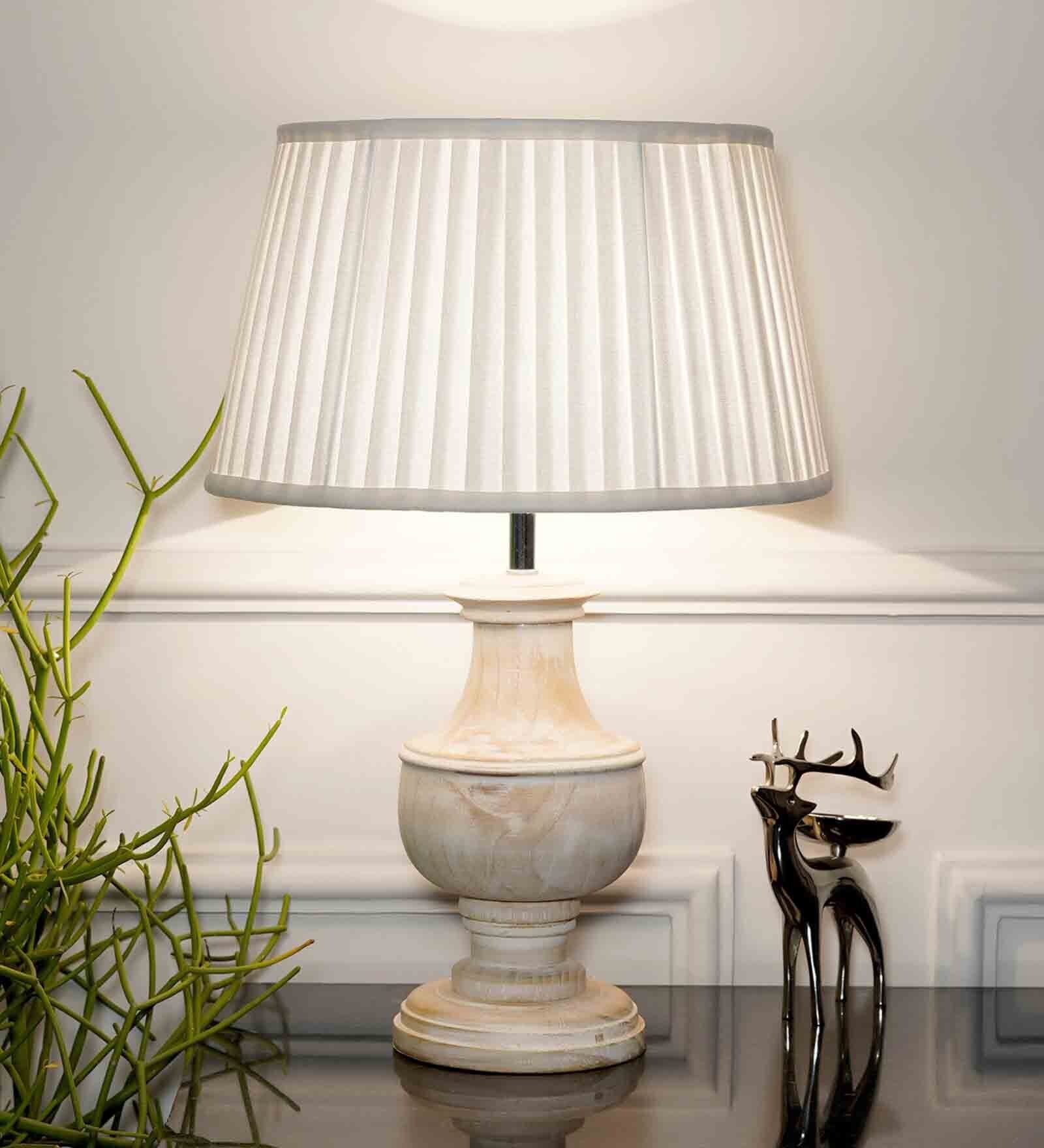 Lazio White Cottan Fabric Shade Night Lamp With Wood Base