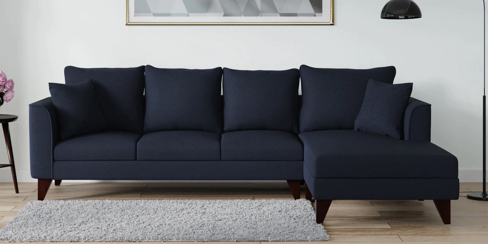 Conseja Fabric LHS Sectional Sofa (3 + Lounger) In Navy Blue Colour