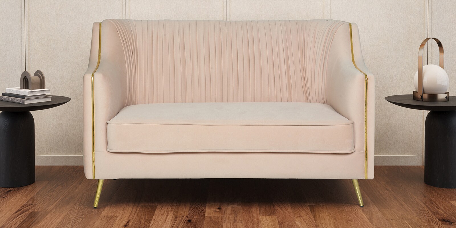Larenzo Velvet 2 Seater Sofa In Peachy Pink Colour Larenzo Velvet 2 Seater Sofa In Peachy Pink Colour