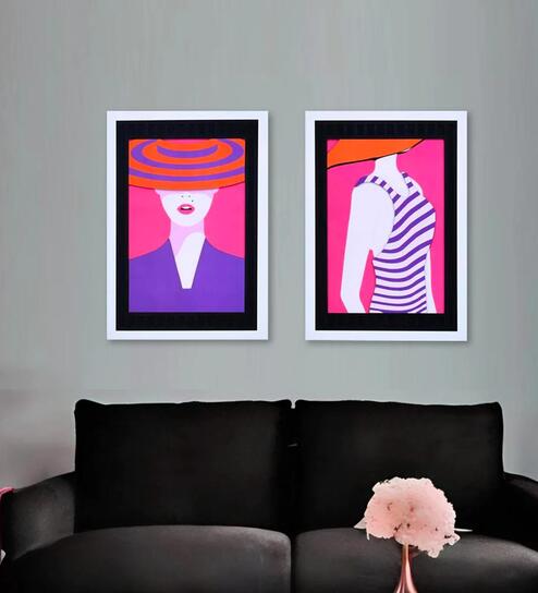 Lady in Hat 3D Set of 2 Pink & Blue Engineered Wood Paintings