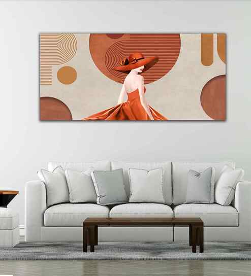 Lady Wearing Orange Hat And Dress Premium Wall Painting