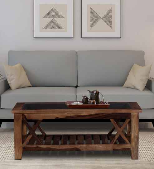 Lagos Sheesham Wood Coffee Table In Scratch Resistant Provincial Teak Finish With Glass Top