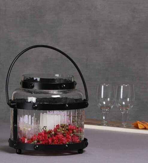 Lantern Black Wood & Iron Table Candle Holder