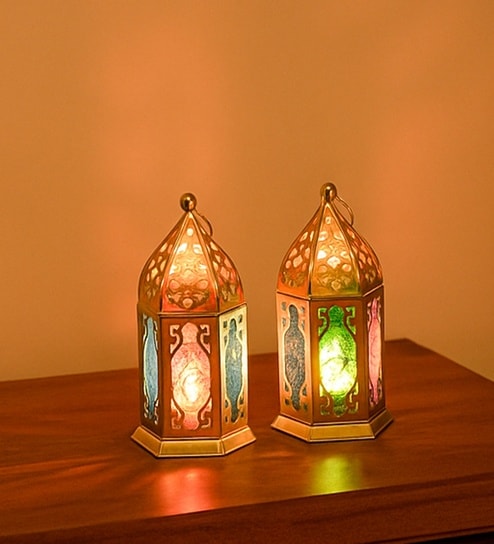 Golden & Green Metal Moroccan Lantern Set Of 2