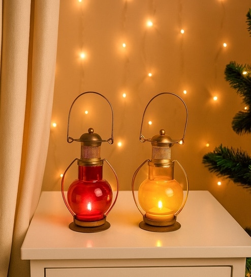 Red & Yellow Metal Leaf Decorative Table Lanterns